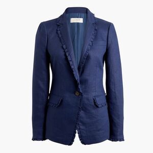 J. Crew deep navy blue Linen blazer with ruffle trim size 6